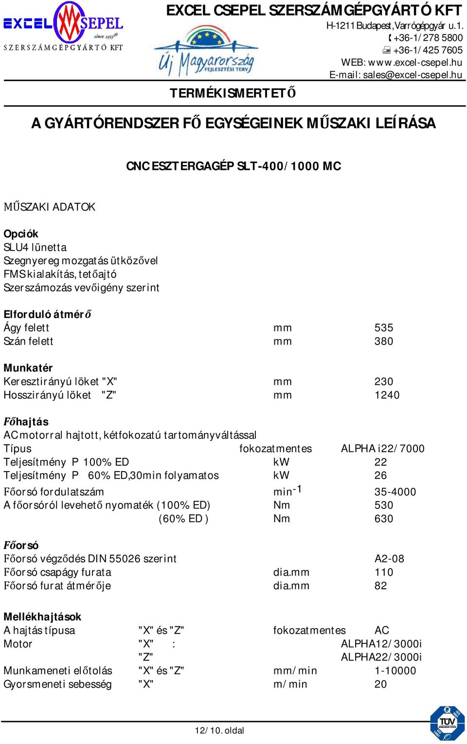 fokozatmentes ALPHA i22/7000 Teljesítmény P 100% ED kw 22 Teljesítmény P 60% ED,30min folyamatos kw 26 orsó fordulatszám min -1 35-4000 A f orsóról levehet nyomaték (100% ED) Nm 530 (60% ED ) Nm 630