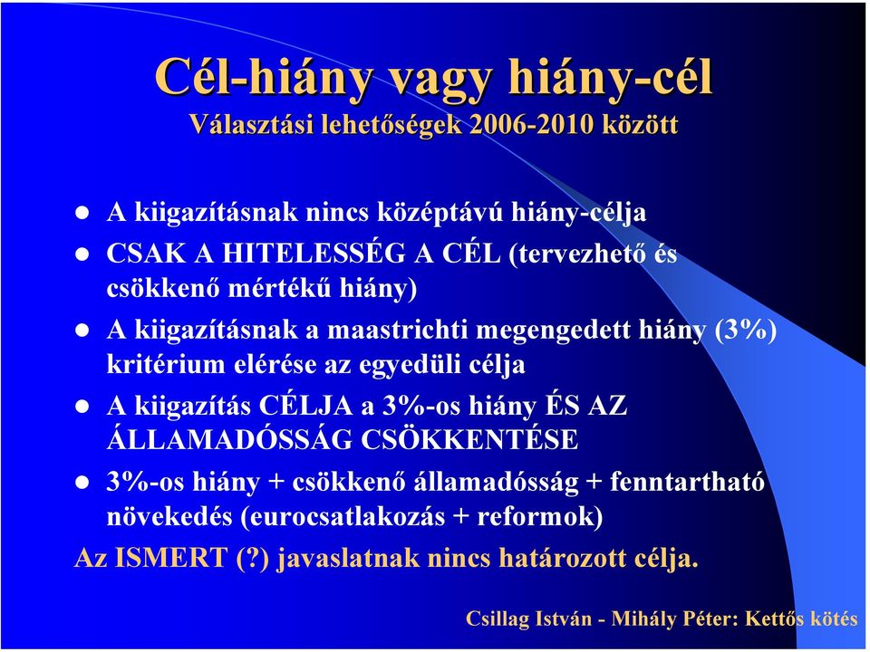 hiány (3%) kritérium elérése az egyedüli célja A kiigazítás CÉLJA a 3%-os hiány ÉS AZ ÁLLAMADÓSSÁG CSÖKKENTÉSE 3%-os