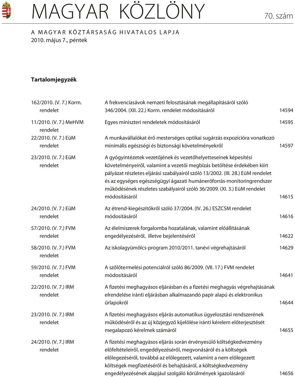 (V. 7.) IRM rendelet A frekvenciasávok nemzeti felosztásának megállapításáról szóló 346/2004. (XII. 22.) Korm.