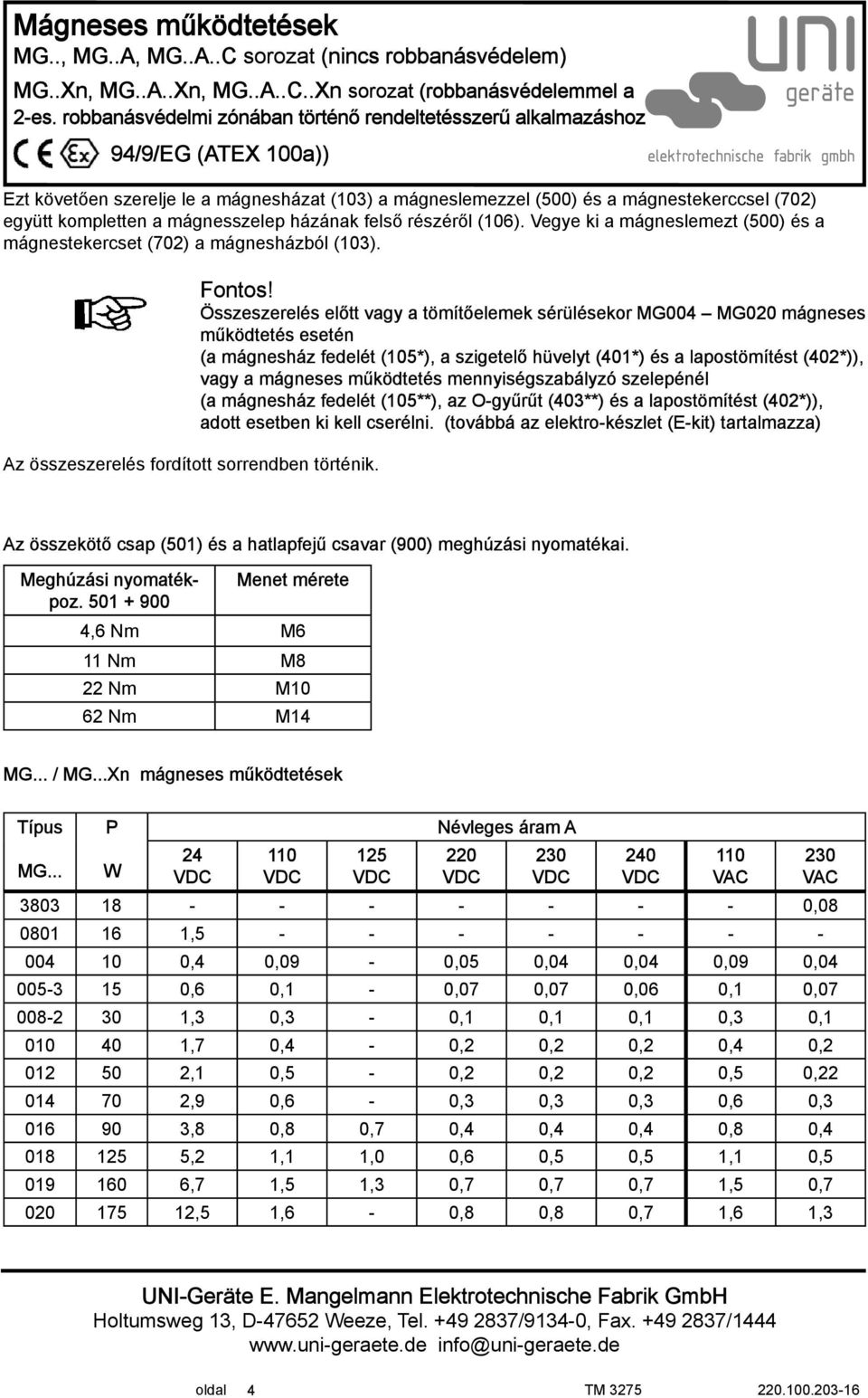 Összeszerelés előtt vagy a tömítőelemek sérülésekor MG004 MG020 mágneses működtetés esetén (a mágnesház fedelét (105*), a szigetelő hüvelyt (401*) és a lapostömítést (402*)), vagy a mágneses