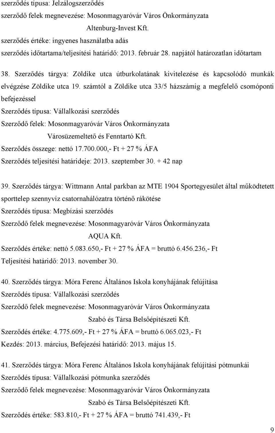 számtól a Zöldike utca 33/5 házszámig a megfelelő csomóponti befejezéssel Szerződés típusa: Vállalkozási szerződés Szerződő felek: Mosonmagyaróvár Város Önkormányzata Városüzemeltető és Fenntartó Kft.