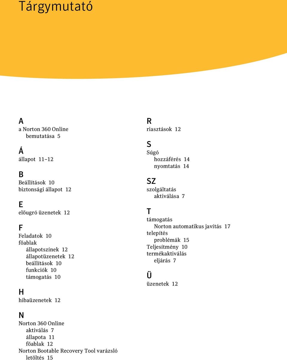 hozzáférés 14 nyomtatás 14 SZ szolgáltatás aktiválása 7 T támogatás Norton automatikus javítás 17 telepítés problémák 15 Teljesítmény 10
