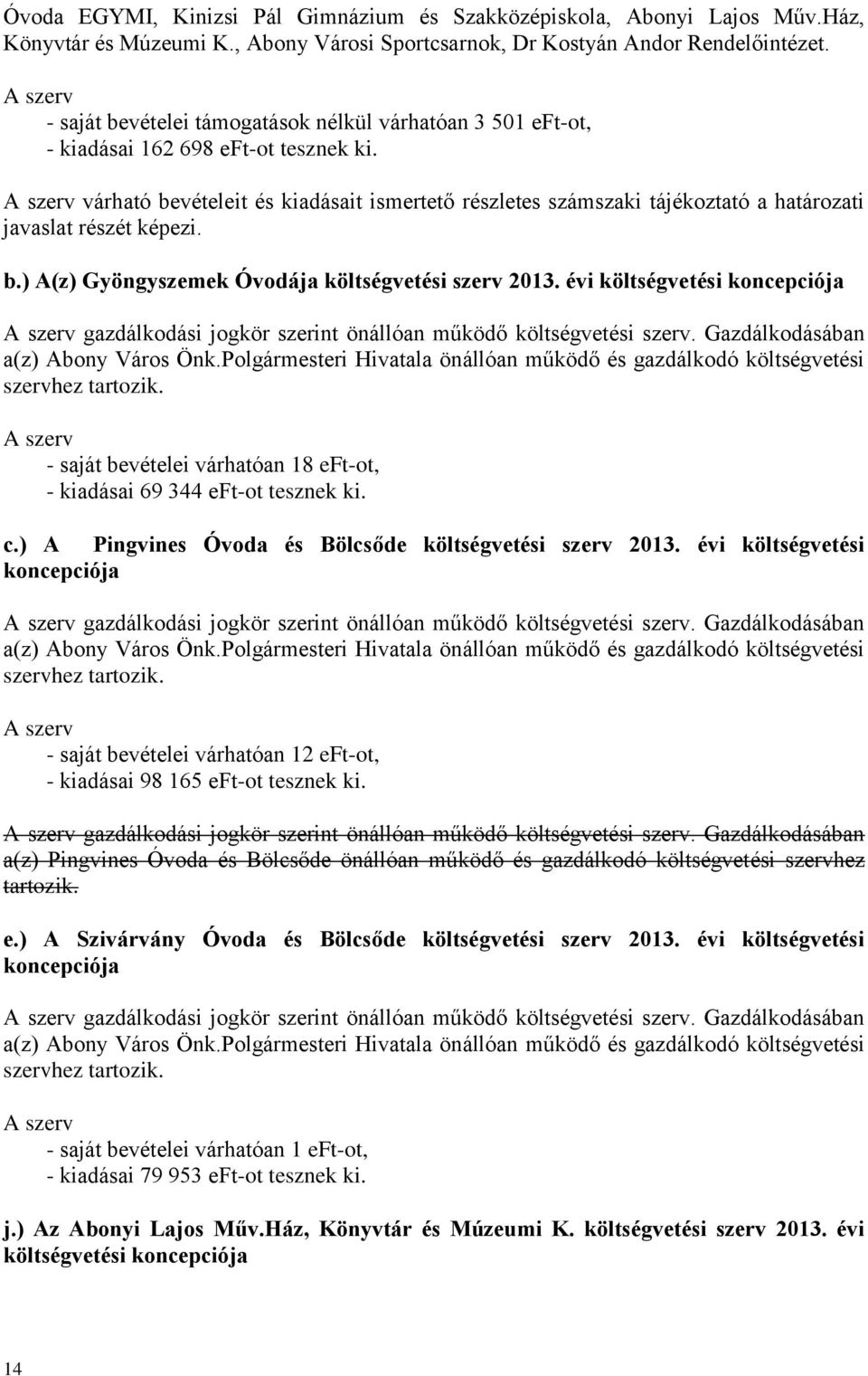 várható bevételeit és kiadásait ismertető részletes számszaki tájékoztató a határozati javaslat részét képezi. b.) A(z) Gyöngyszemek Óvodája költségvetési szerv 2013.