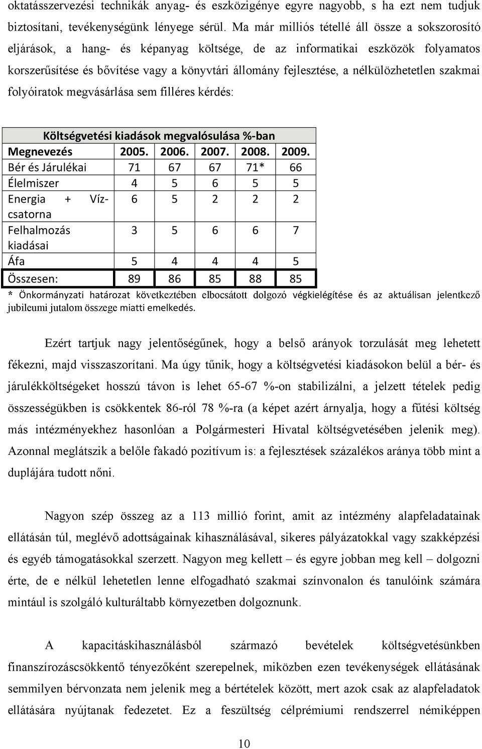 nélkülözhetetlen szakmai folyóiratok megvásárlása sem filléres kérdés: Költségvetési kiadások megvalósulása % ban Megnevezés 2005. 2006. 2007. 2008. 2009.