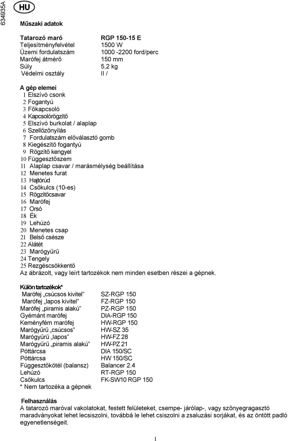 csavar / marásmélység beállítása 12 Menetes furat 13 Hajtórúd 14 Csőkulcs (10-es) 15 Rögzítőcsavar 16 Marófej 17 Orsó 18 Ék 19 Lehúzó 20 Menetes csap 21 Belső csésze 22 Alátét 23 Marógyűrű 24 Tengely