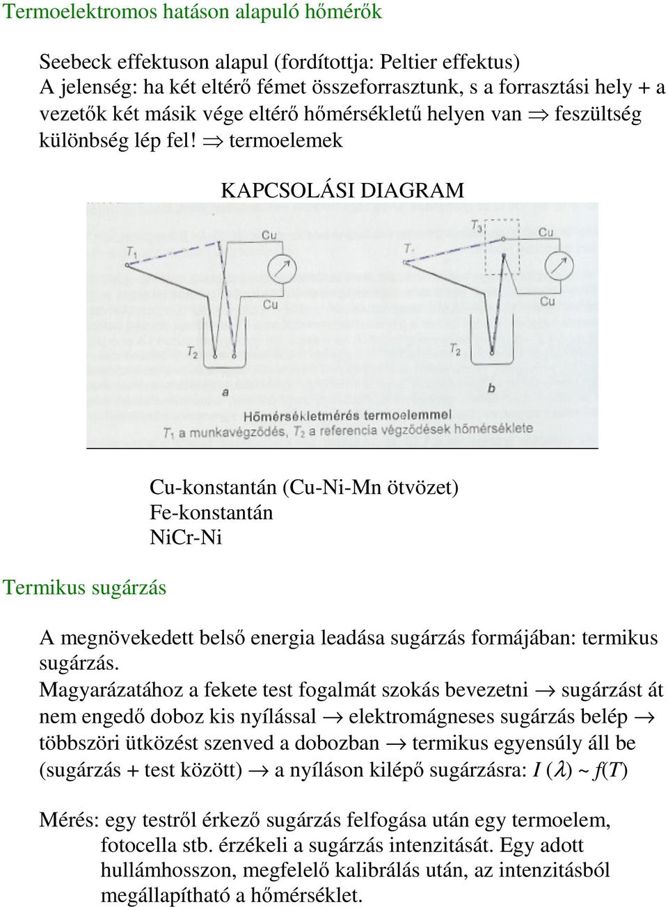 termoelemek KAPCSOLÁSI DIAGRAM Termikus sugárzás Cu-konstantán (Cu-Ni-Mn ötvözet) Fe-konstantán NiCr-Ni A megnövekedett bels energia leadása sugárzás formájában: termikus sugárzás.