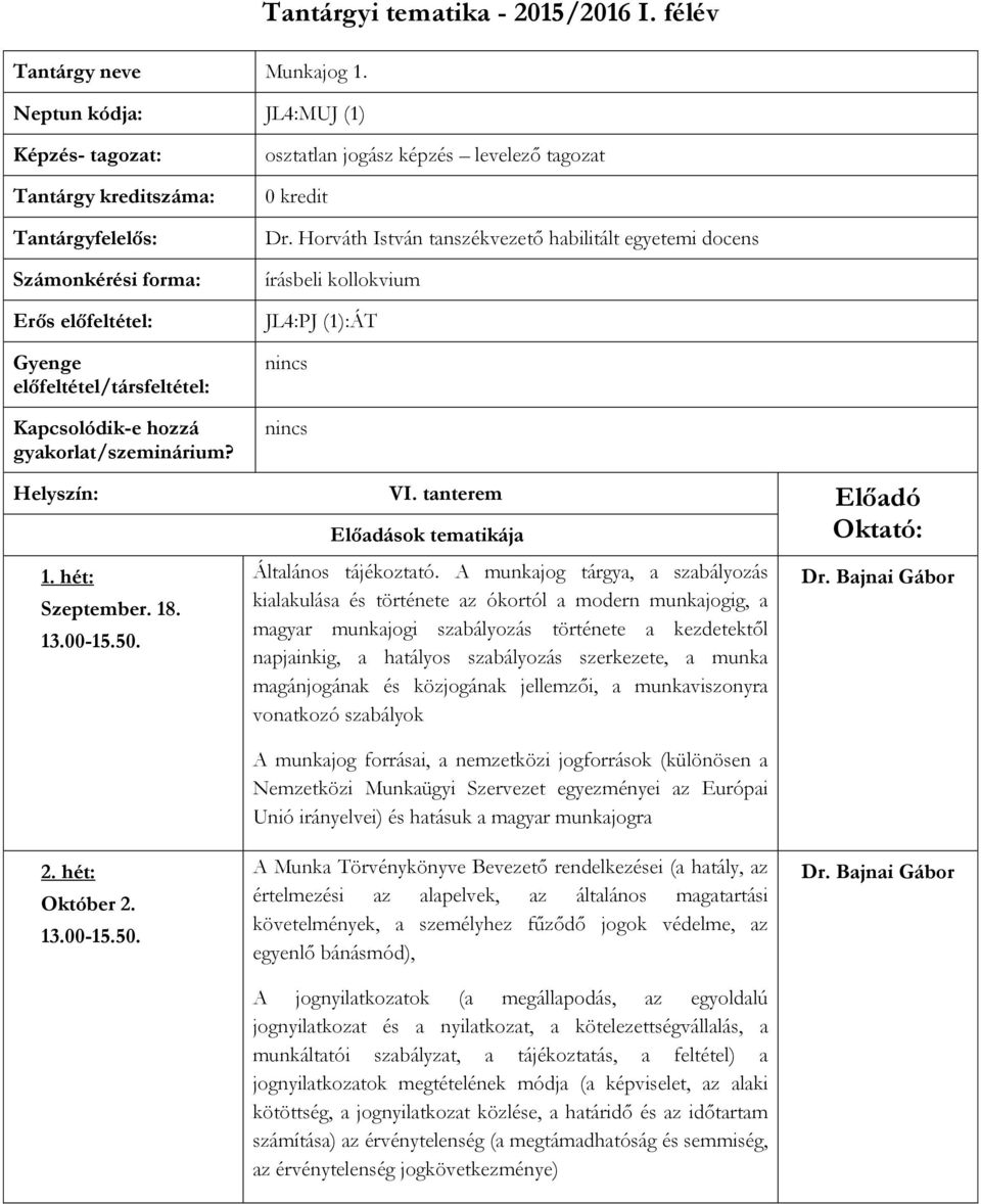 osztatlan jogász képzés levelező tagozat 0 kredit Dr. Horváth István tanszékvezető habilitált egyetemi docens írásbeli kollokvium JL4:PJ (1):ÁT nincs nincs Helyszín: VI.