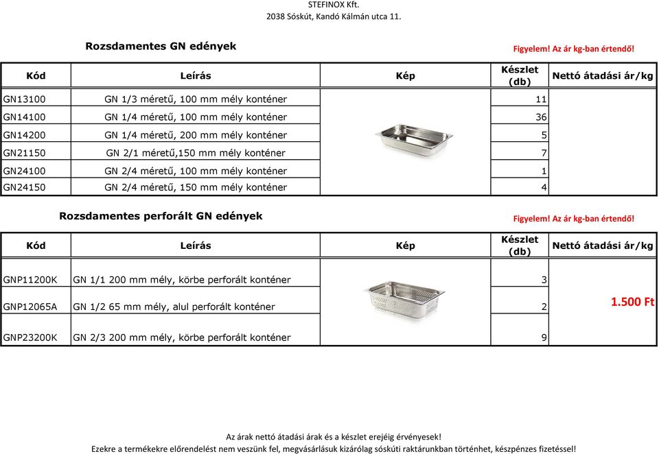 1 GN24150 GN 2/4 méretű, 150 mm mély konténer 4 Rozsdamentes perforált GN edények GNP11200K GN 1/1 200 mm mély, körbe perforált