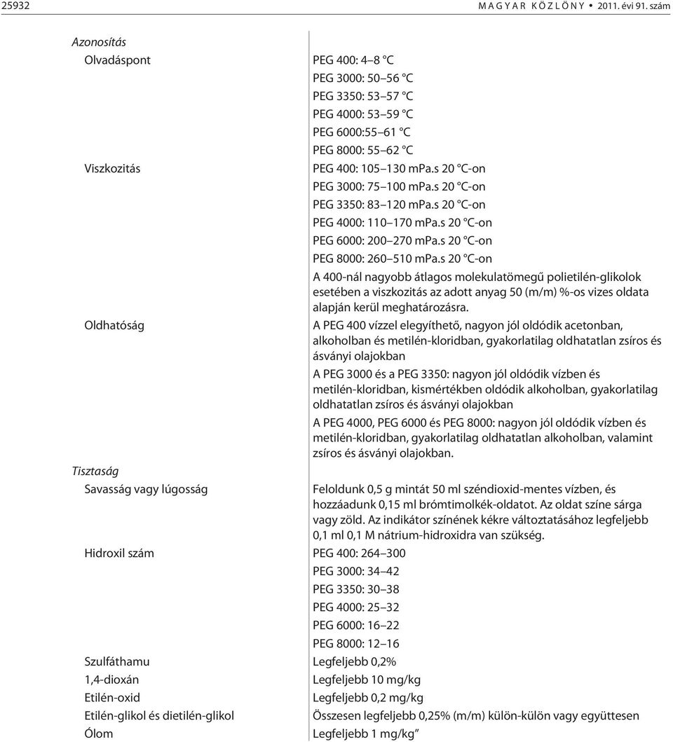 s 20 C-on A 400-nál nagyobb átlagos molekulatömegû polietilén-glikolok esetében a viszkozitás az adott anyag 50 (m/m) %-os vizes oldata alapján kerül meghatározásra.