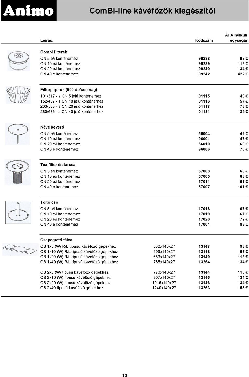 CN 5 e/i konténerhez 56004 42 CN 10 e/i konténerhez 96001 47 CN 20 e/i konténerhez 56010 60 CN 40 e konténerhez 96006 70 Tea filter és tárcsa CN 5 e/i konténerhez 57003 65 CN 10 e/i konténerhez 57005