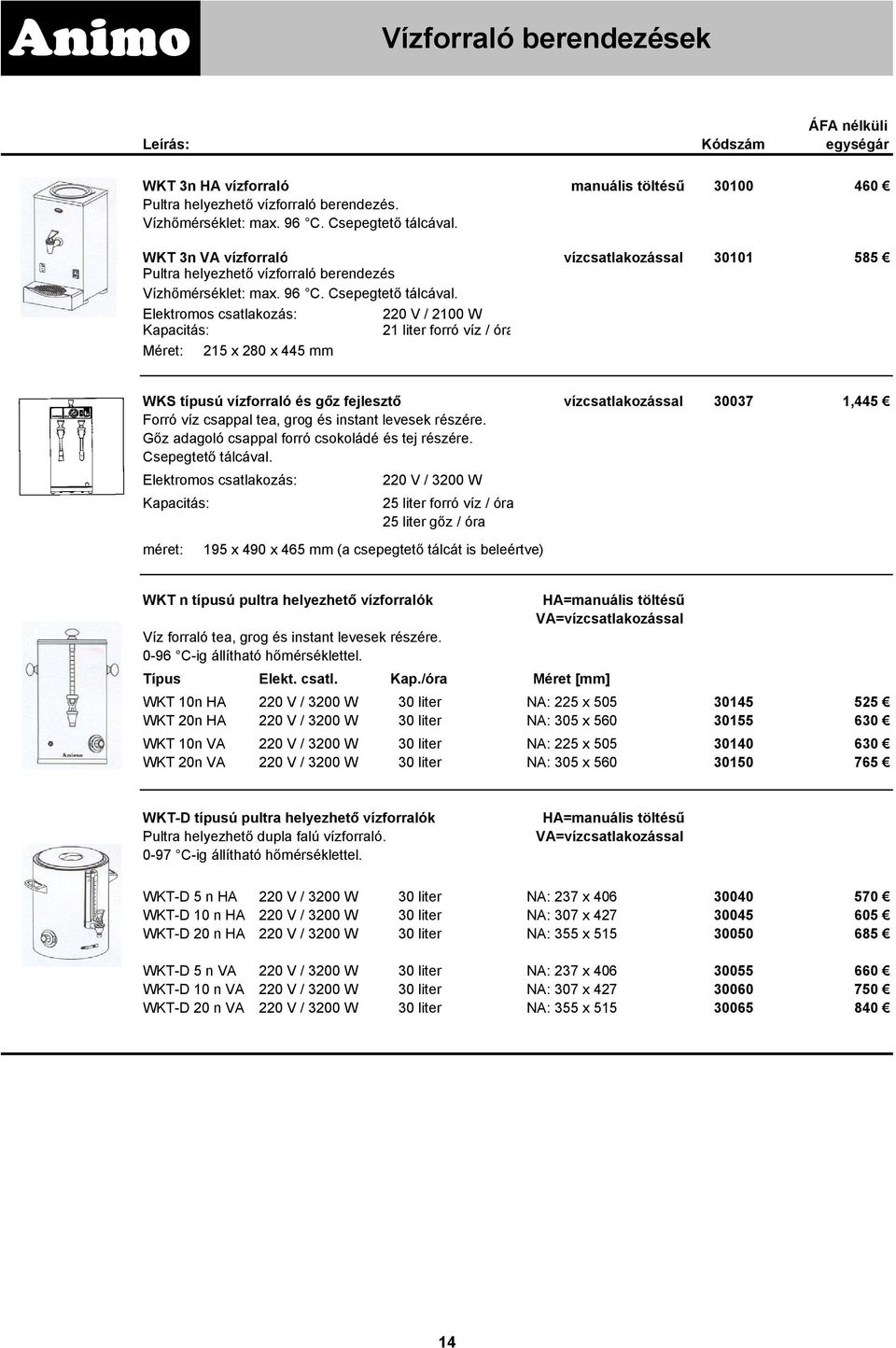 220 V / 2100 W 21 liter forró víz / óra Méret: 215 x 280 x 445 mm WKS típusú vízforraló és gőz fejlesztő vízcsatlakozással 30037 1,445 Forró víz csappal tea, grog és instant levesek részére.