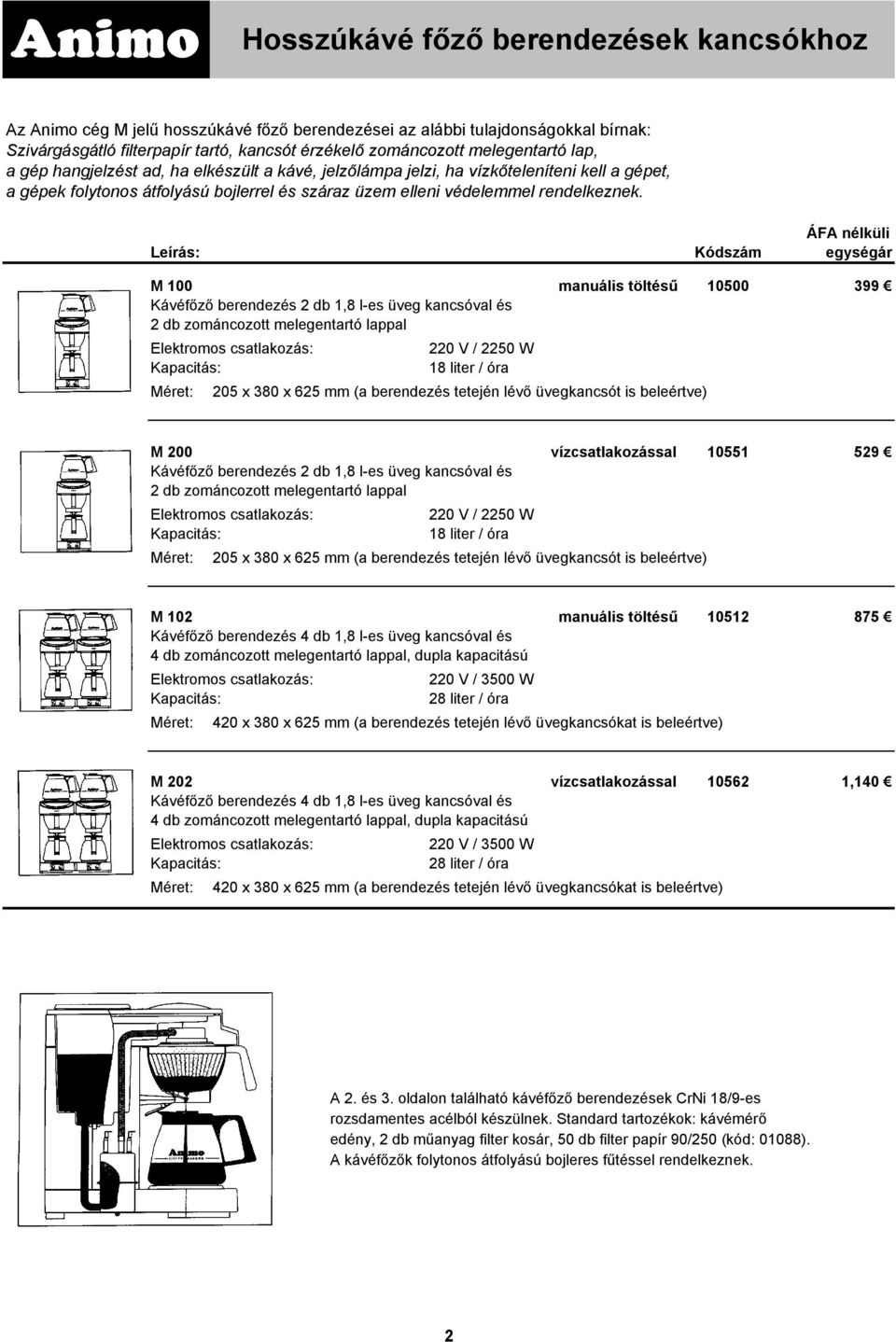 M 100 manuális töltésű 10500 399 Kávéfőző berendezés 2 db 1,8 l-es üveg kancsóval és 2 db zománcozott melegentartó lappal 220 V / 2250 W 18 liter / óra Méret: 205 x 380 x 625 mm (a berendezés tetején