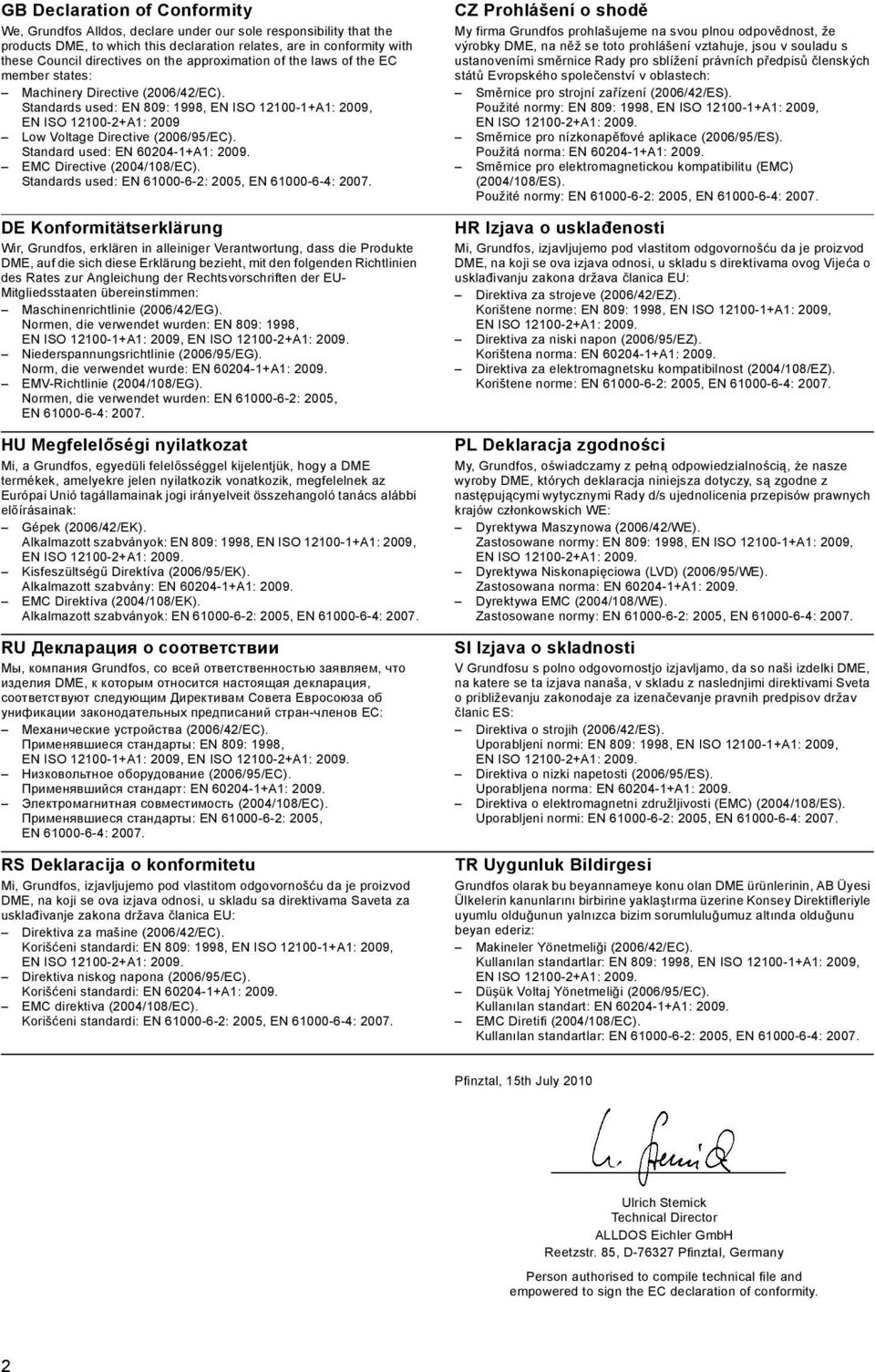 Standards used: EN 809: 1998, EN ISO 12100-1+A1: 2009, EN ISO 12100-2+A1: 2009 Low Voltage Directive (2006/95/EC). Standard used: EN 60204-1+A1: 2009. EMC Directive (2004/108/EC).