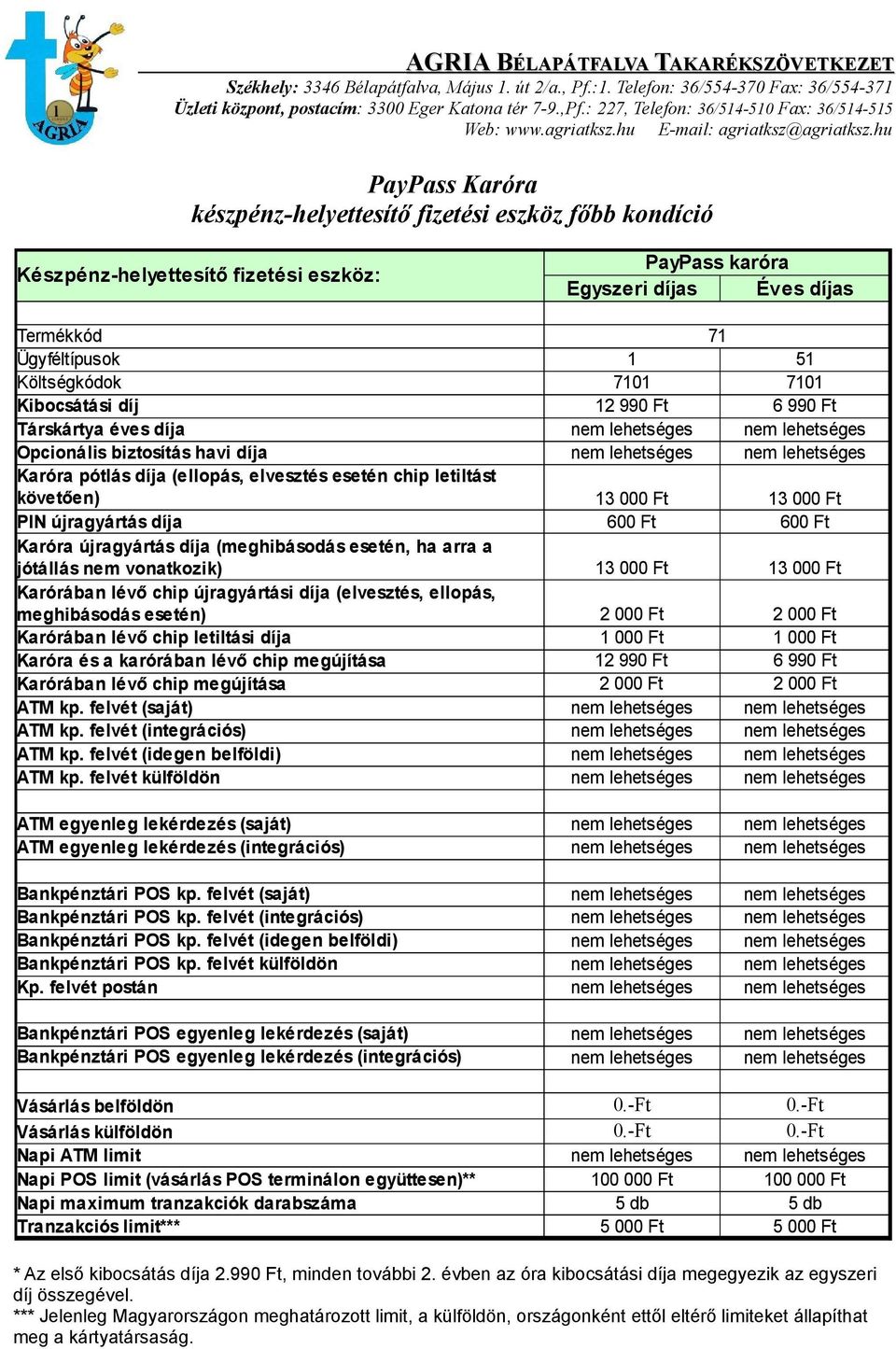 Ügyféltípusok 1 51 Költségkódok 7101 7101 Kibocsátási díj 12 990 Ft 6 990 Ft Társkártya éves díja Opcionális biztosítás havi díja Karóra pótlás díja (ellopás, elvesztés esetén chip letiltást