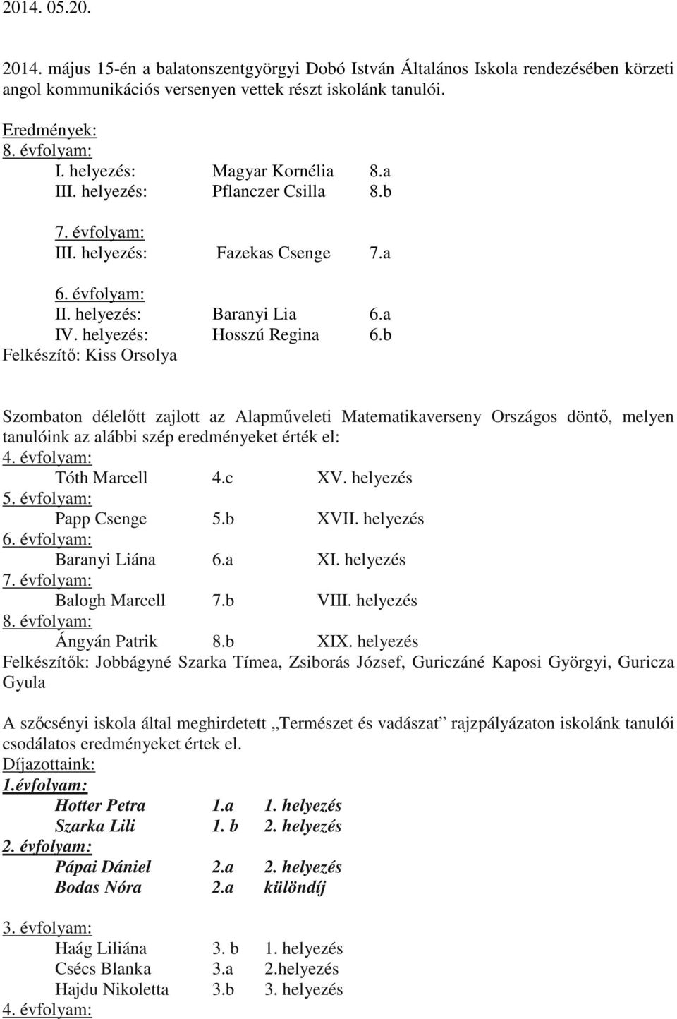 b Felkészítő: Kiss Orsolya Szombaton délelőtt zajlott az Alapműveleti Matematikaverseny Országos döntő, melyen tanulóink az alábbi szép eredményeket érték el: 4. évfolyam: Tóth Marcell 4.c XV.