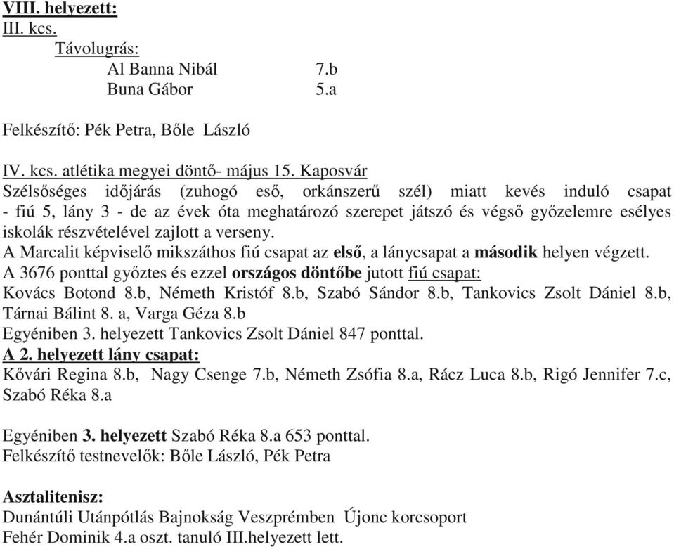 zajlott a verseny. A Marcalit képviselő mikszáthos fiú csapat az első, a lánycsapat a második helyen végzett. A 3676 ponttal győztes és ezzel országos döntőbe jutott fiú csapat: Kovács Botond 8.