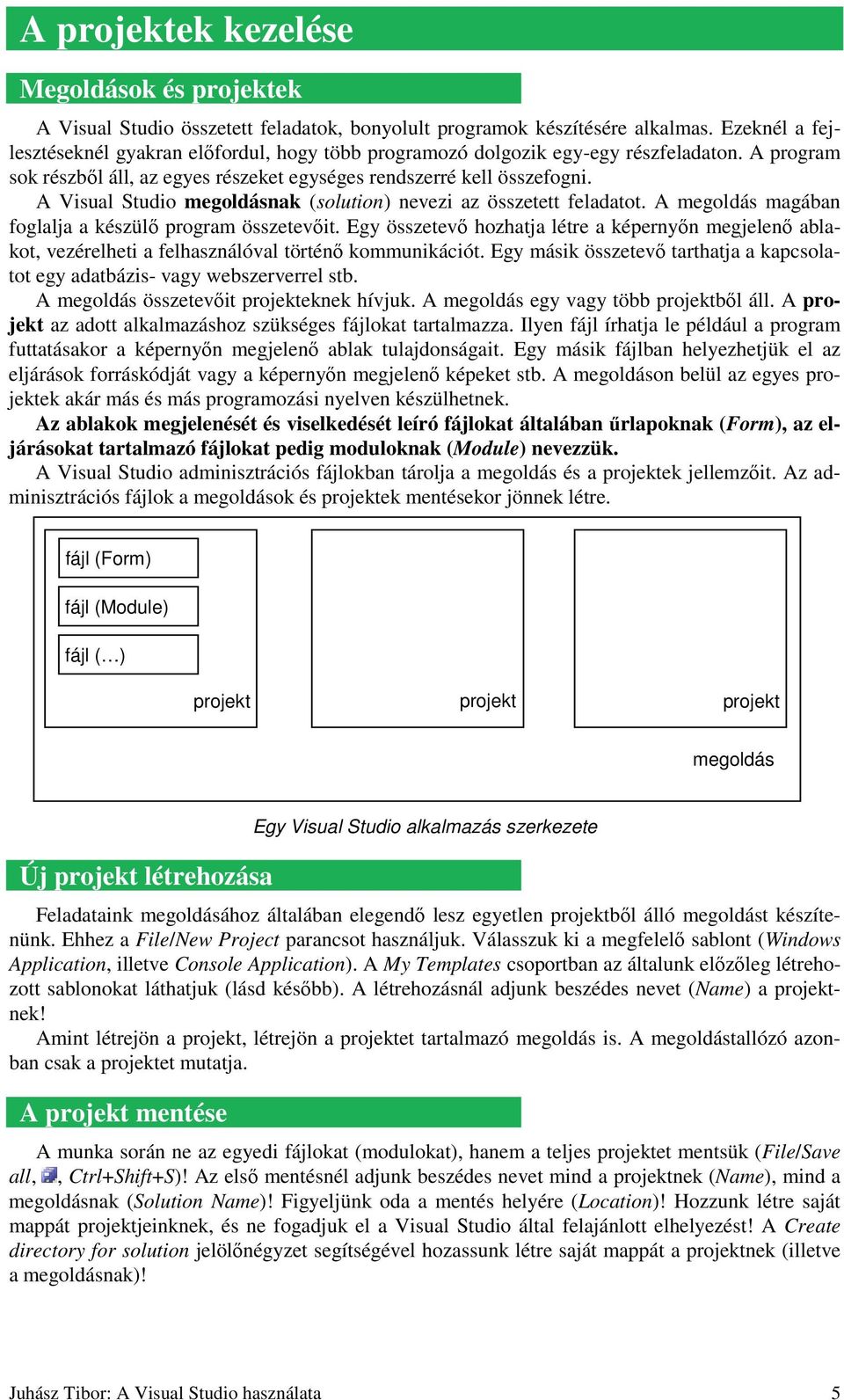 A Visual Studio megoldásnak (solution) nevezi az összetett feladatot. A megoldás magában foglalja a készülı program összetevıit.