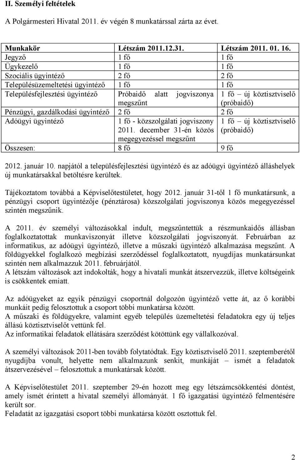 (próbaidő) Pénzügyi, gazdálkodási ügyintéző 2 fő 2 fő Adóügyi ügyintéző 1 fő - közszolgálati jogviszony 2011.