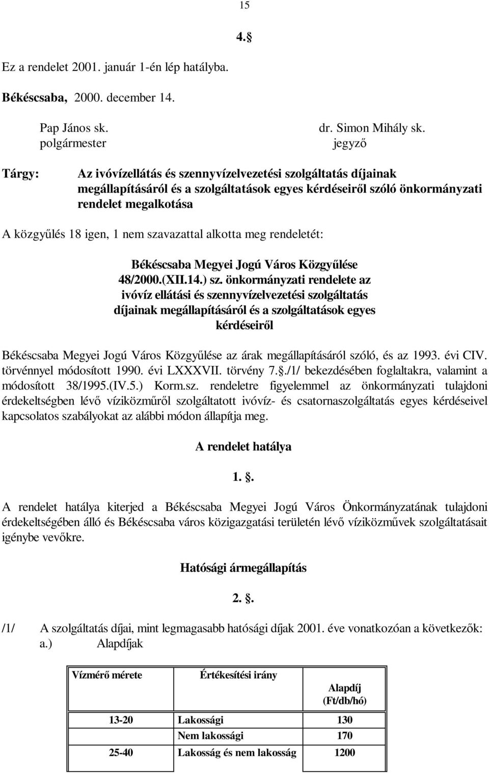 szavazattal alkotta meg rendeletét: Békéscsaba Megyei Jogú Város Közgyűlése 48/2000.(XII.14.) sz.