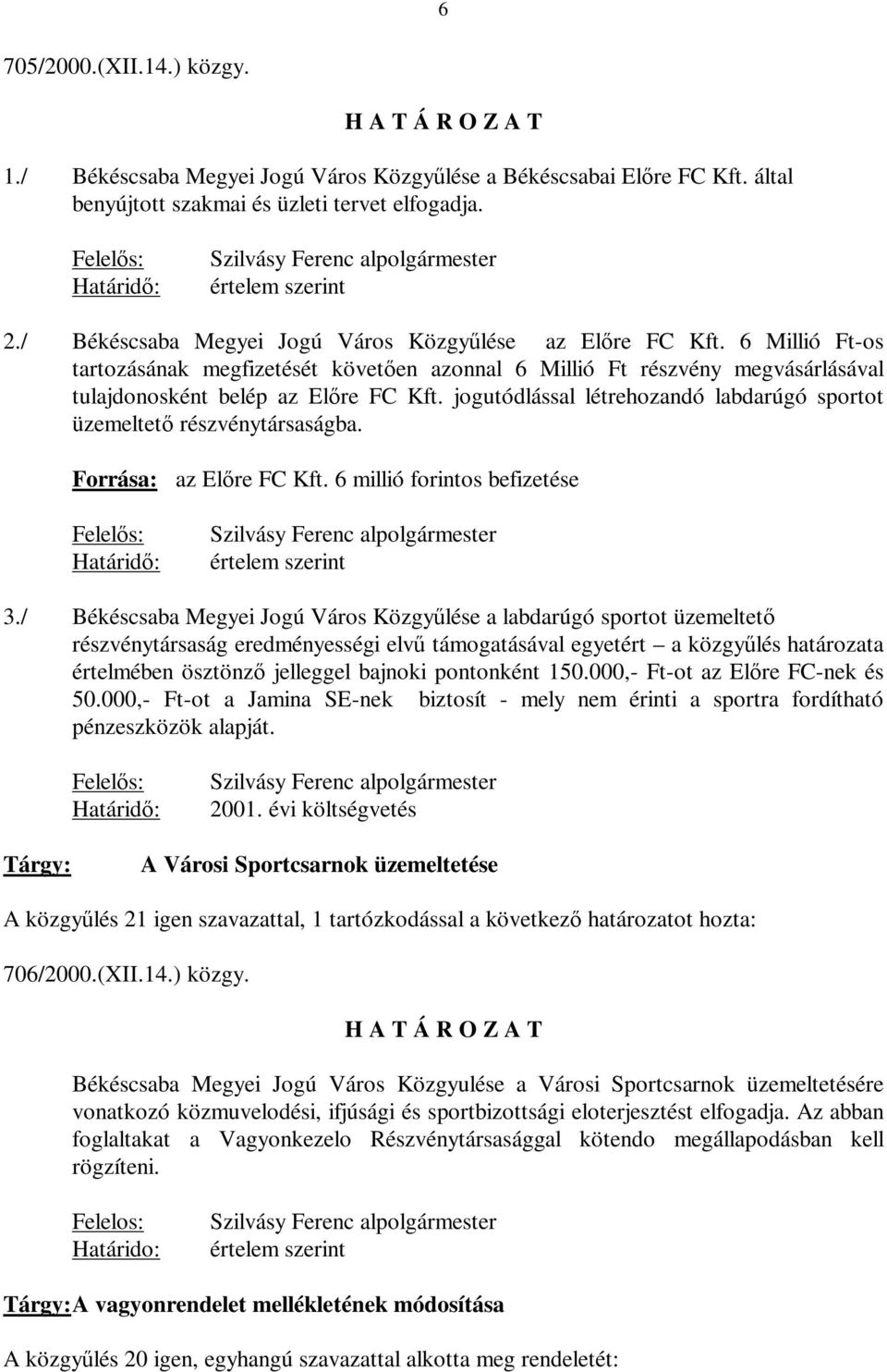 6 Millió Ft-os tartozásának megfizetését követően azonnal 6 Millió Ft részvény megvásárlásával tulajdonosként belép az Előre FC Kft.