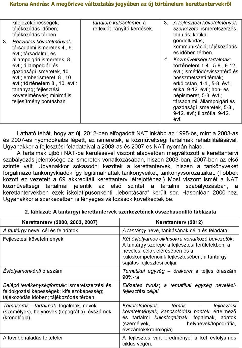 A fejlesztési követelmények szerkezete: ismeretszerzés, tanulás; kritikai gondolkodás; kommunikáció; tájékozódás és időben térben. 4. Közműveltségi tartalmak: történelem 1-4., 5-8., 9-12. évf.