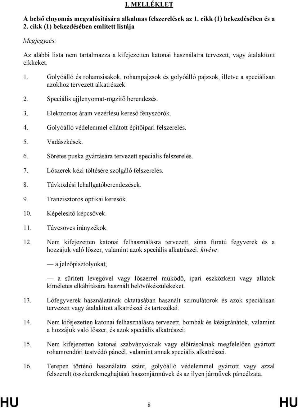 Golyóálló és rohamsisakok, rohampajzsok és golyóálló pajzsok, illetve a speciálisan azokhoz tervezett alkatrészek. 2. Speciális ujjlenyomat-rögzítő berendezés. 3.