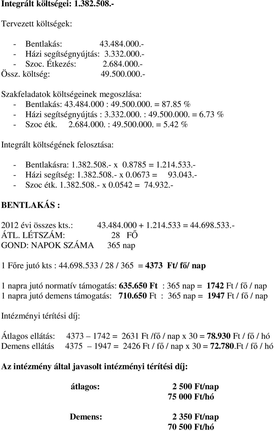 - x 0.8785 = 1.214.533.- - Házi segítség: 1.382.508.- x 0.0673 = 93.043.- - Szoc étk. 1.382.508.- x 0.0542 = 74.932.- BENTLAKÁS : 2012 évi összes kts.: 43.484.000 + 1.214.533 = 44.698.533.- ÁTL.