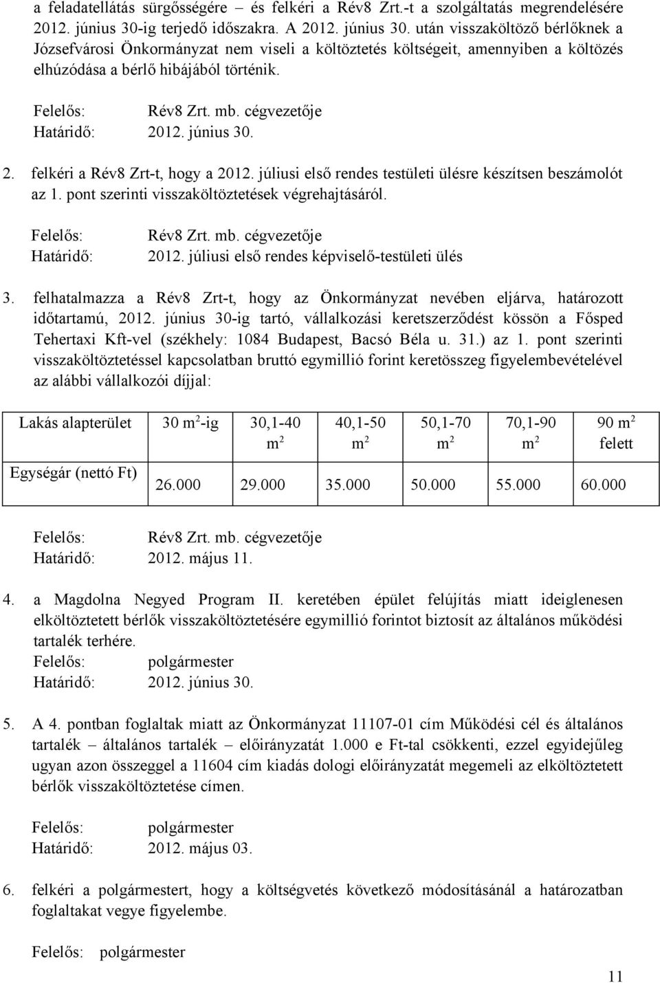 Felelős: Rév8 Zrt. mb. cégvezetője Határidő: 2012. június 30. 2. felkéri a Rév8 Zrt-t, hogy a 2012. júliusi első rendes testületi ülésre készítsen beszámolót az 1.