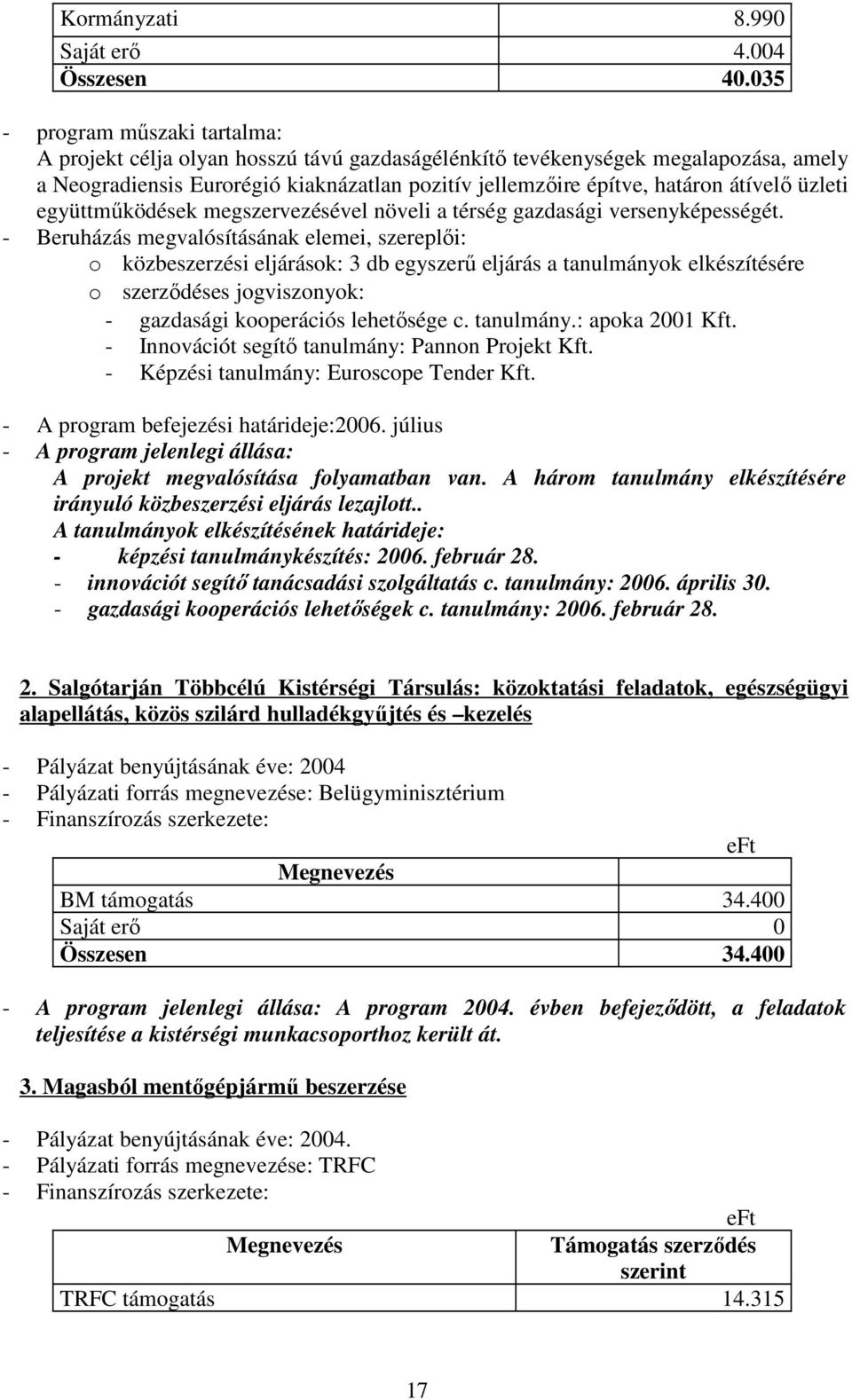 üzleti együttmőködések megszervezésével növeli a térség gazdasági versenyképességét. o közbeszerzési eljárások: 3 db egyszerő eljárás a tanulmányok elkészítésére - gazdasági kooperációs lehetısége c.