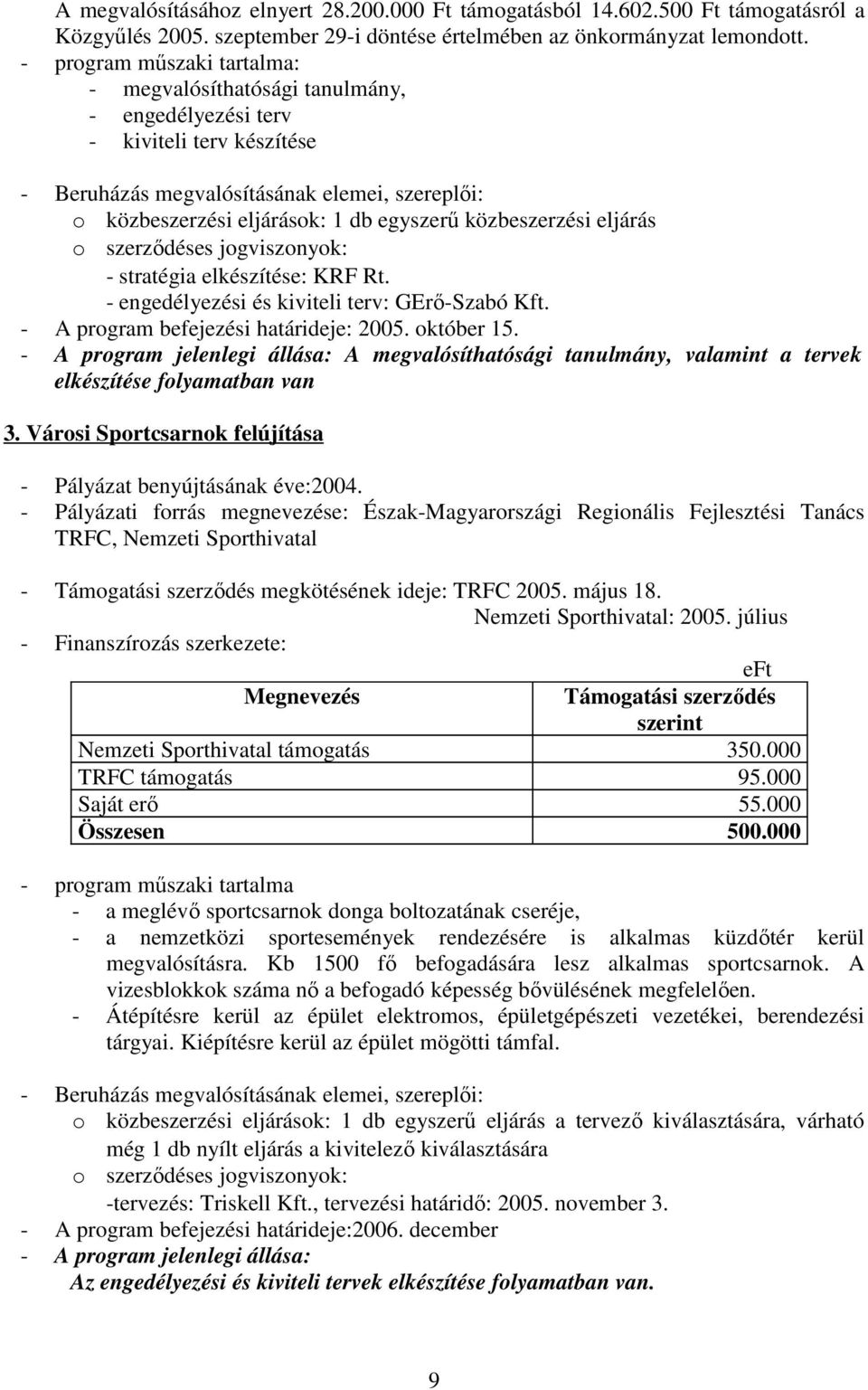 Rt. - engedélyezési és kiviteli terv: GErı-Szabó Kft. - A program befejezési határideje: 2005. október 15.