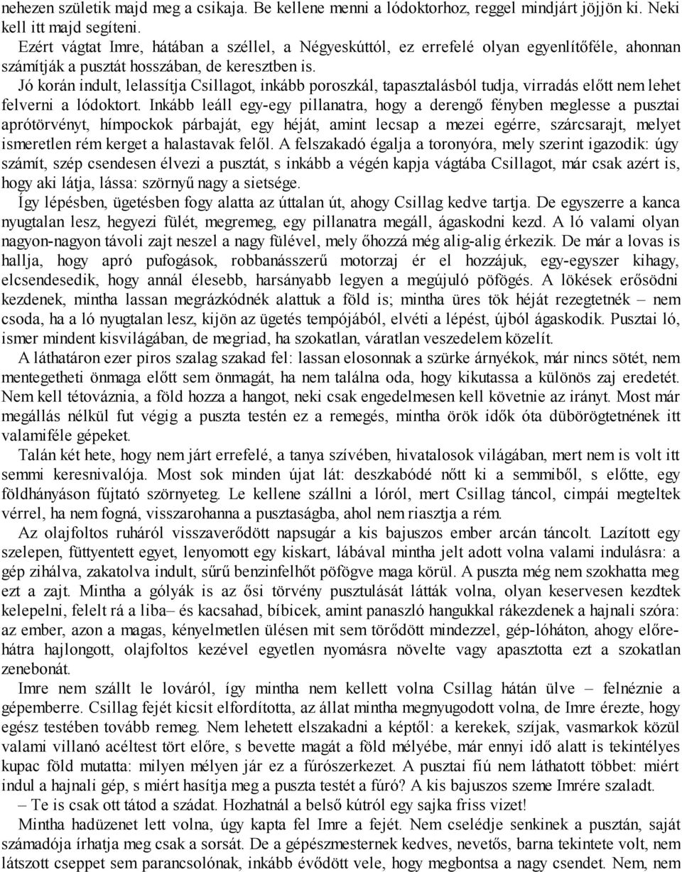 Jó korán indult, lelassítja Csillagot, inkább poroszkál, tapasztalásból tudja, virradás előtt nem lehet felverni a lódoktort.