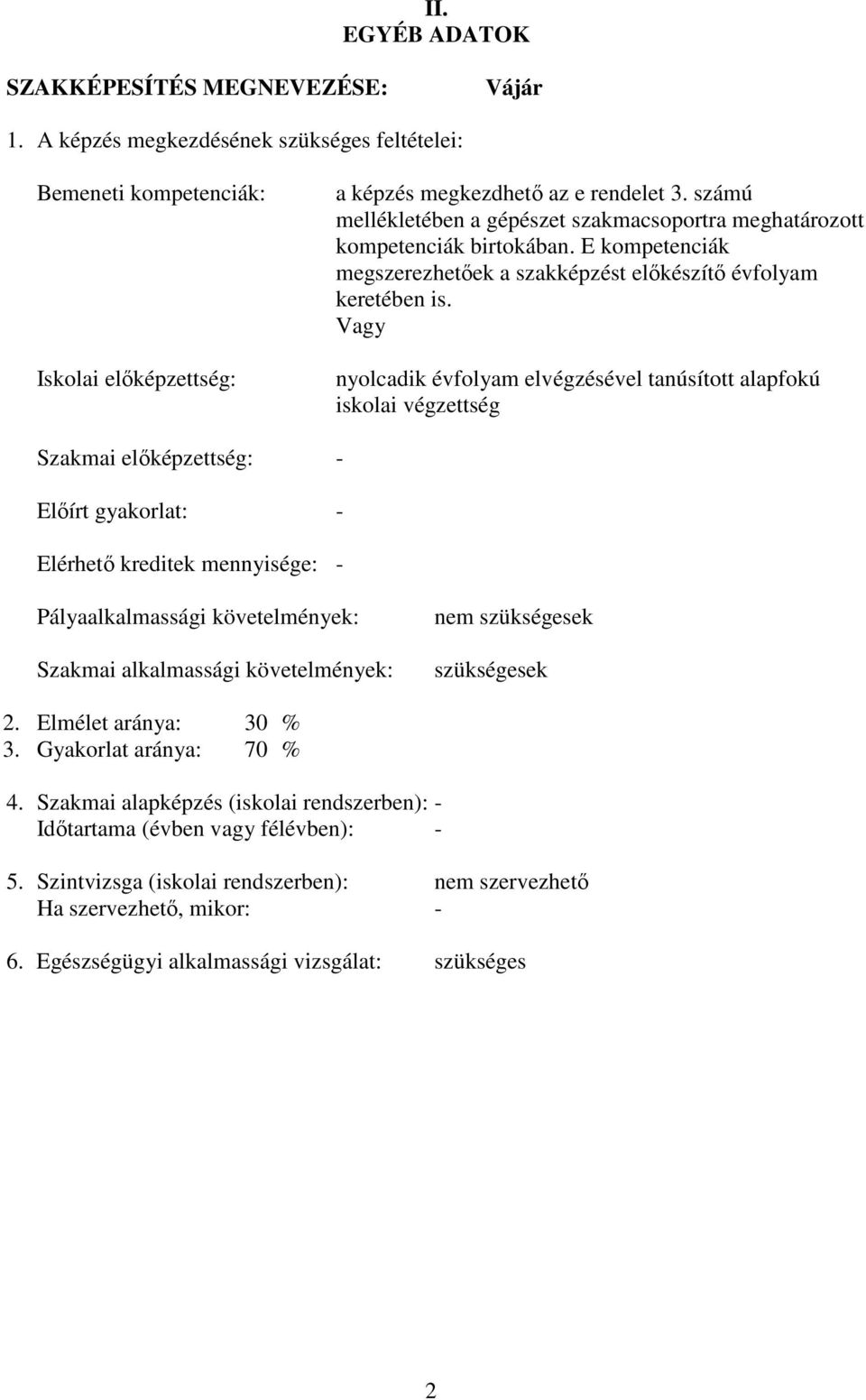 Vagy nyolcadik évfolyam elvégzésével tanúsított alapfokú iskolai végzettség Szakmai előképzettség: - Előírt gyakorlat: - Elérhető kreditek mennyisége: - Pályaalkalmassági követelmények: Szakmai