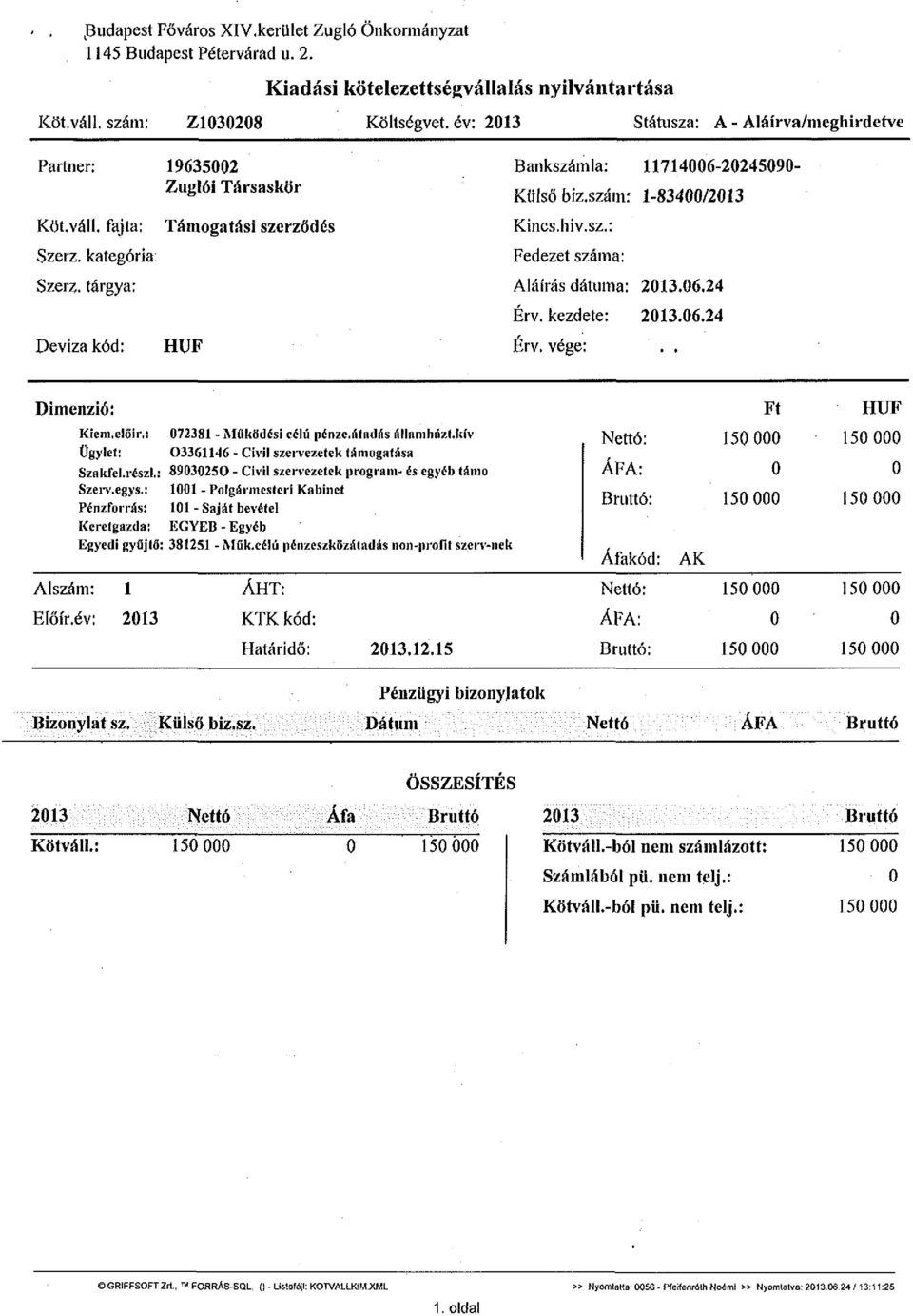 tárgya: Deviza kód: Támogatási szerződés HUF Bankszámla: 11714006-20245090- Külsőbiz.szám: 1-83400/2013 Kincs.hiv.sz.: Fedezet száma: Aláírás dátuma: 2013.06.24 Érv. kezdete: 2013.06.24 Érv. vége:.