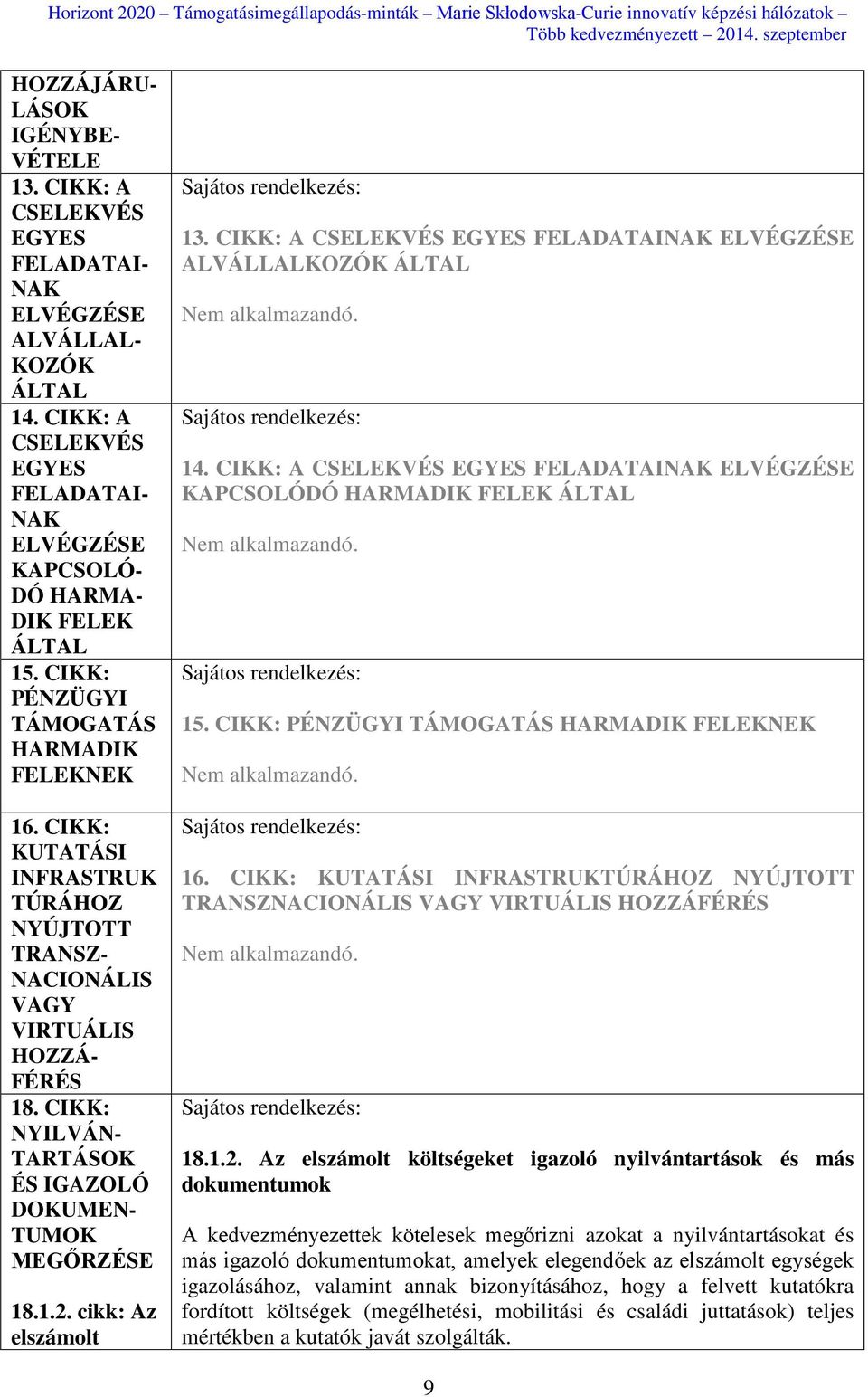 CIKK: NYILVÁN- TARTÁSOK ÉS IGAZOLÓ DOKUMEN- TUMOK MEGŐRZÉSE 18.1.2. cikk: Az elszámolt 13. CIKK: A CSELEKVÉS EGYES FELADATAINAK ELVÉGZÉSE ALVÁLLALKOZÓK ÁLTAL Nem alkalmazandó. 14.