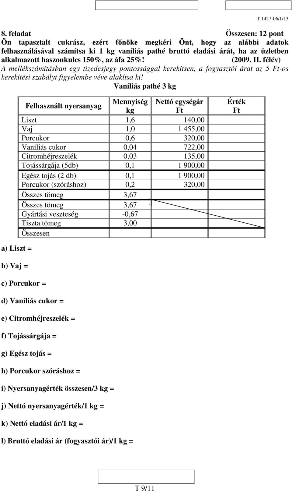 Vaníliás pathé 3 kg Felhasznált nyersanyag Mennyiség Nettó egységár kg Ft Liszt 1,6 140,00 Vaj 1,0 1 455,00 Porcukor 0,6 320,00 Vaníliás cukor 0,04 722,00 Citromhéjreszelék 0,03 135,00 Tojássárgája