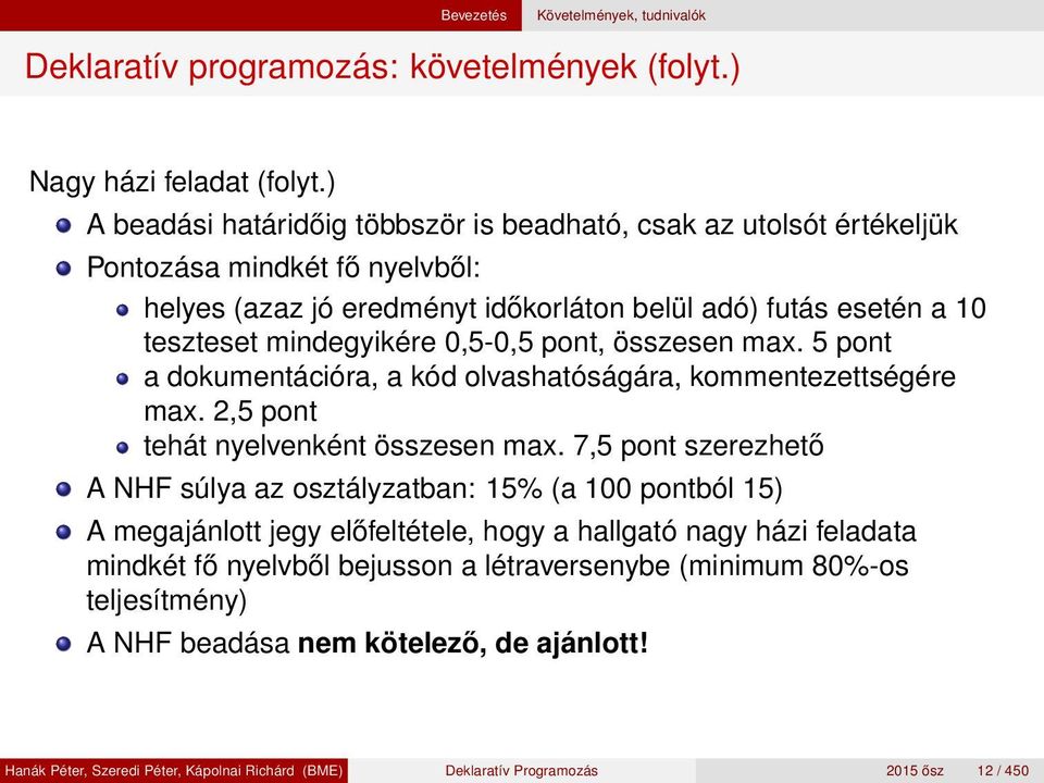 0,5-0,5 pont, összesen max. 5 pont a dokumentációra, a kód olvashatóságára, kommentezettségére max. 2,5 pont tehát nyelvenként összesen max.