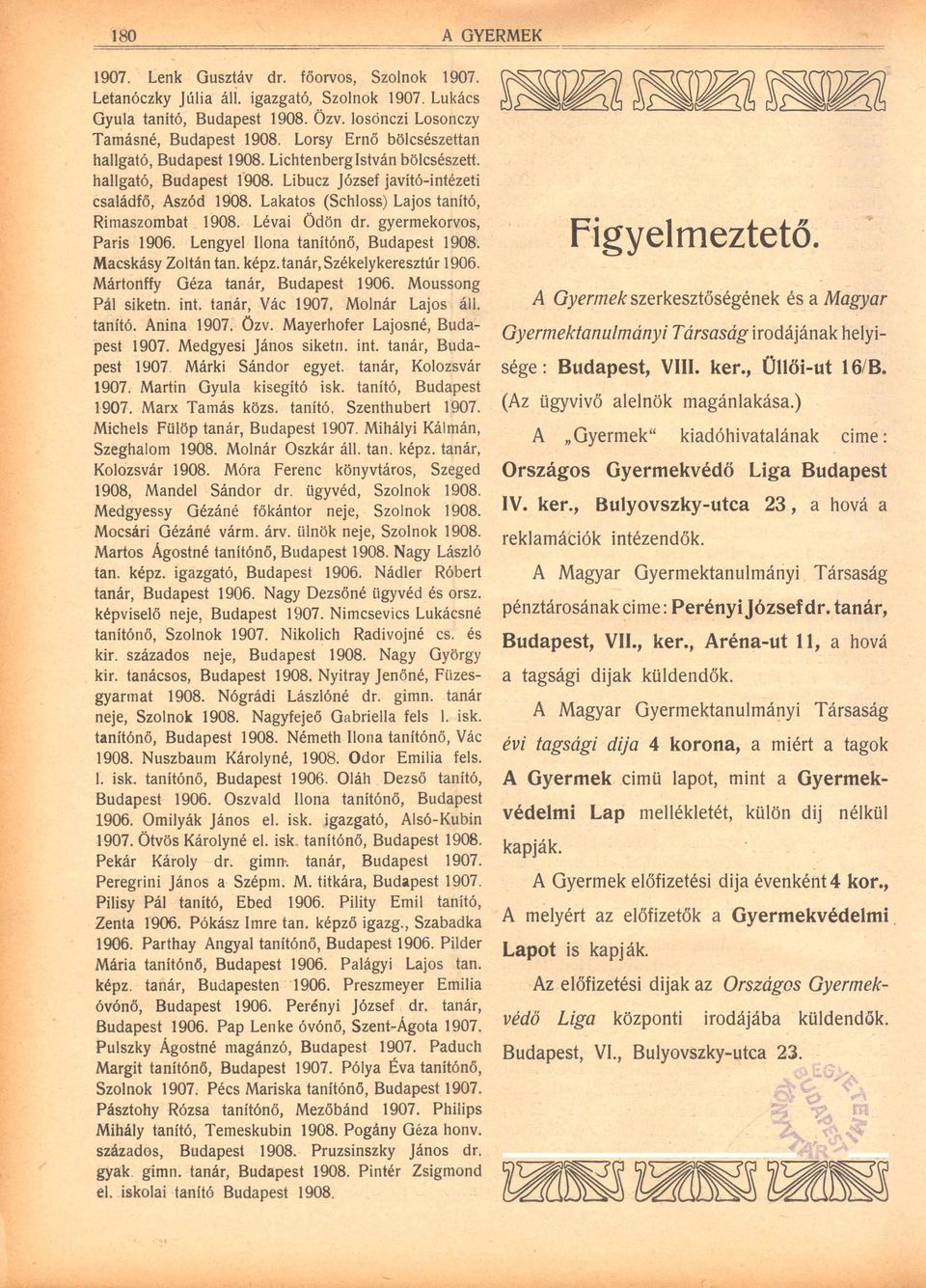 Lakatos (Schloss) Lajos tantó, Rimaszombat 908. Lévai Ödön dr. gyermekorvos, Paris 906. Lengyel Ilona tantónő, Budapest 908. Macskásy Zoltán tan. képz. tanár, Székelykeresztúr 906.