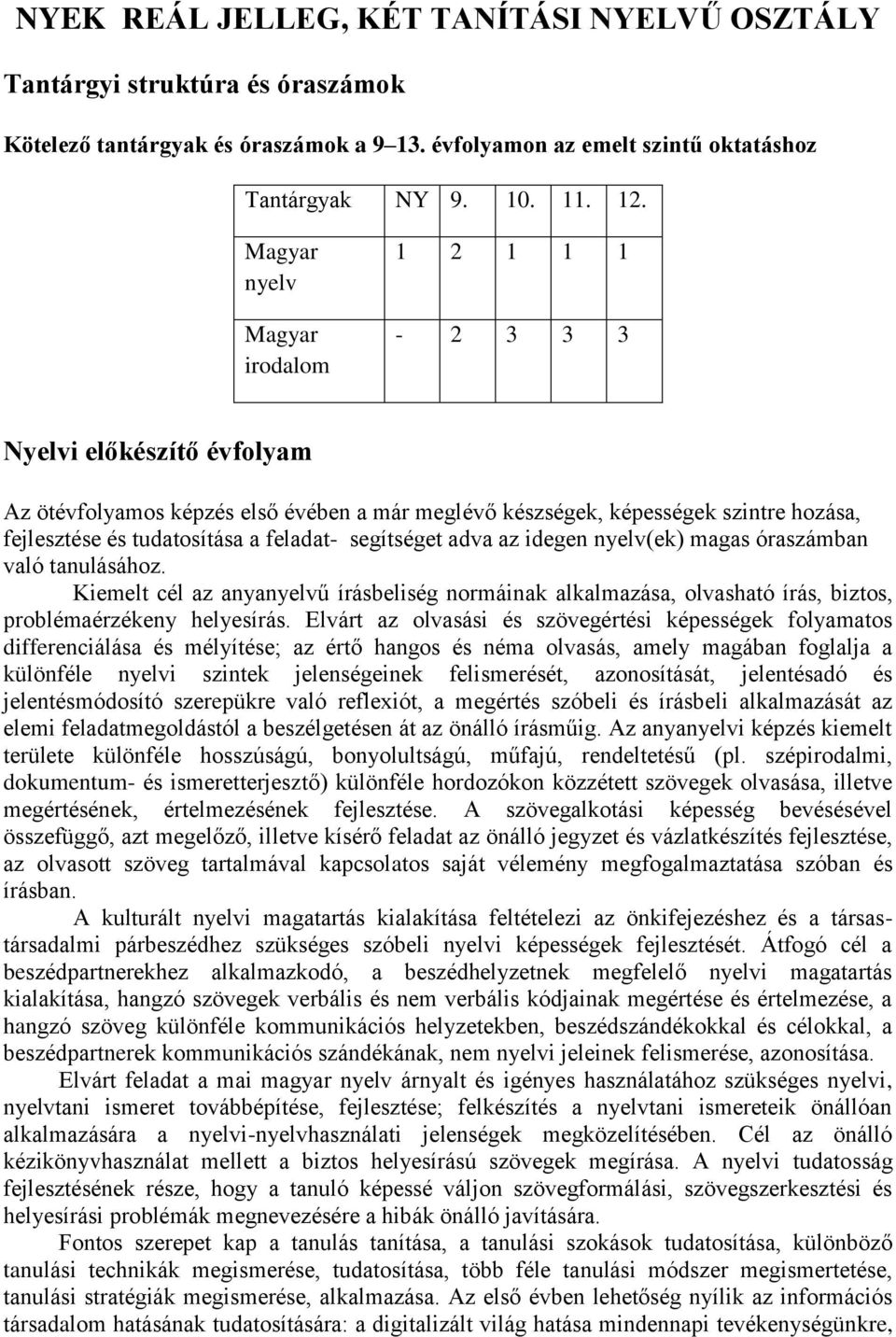 segítséget adva az idegen nyelv(ek) magas óraszámban való tanulásához. Kiemelt cél az anyanyelvű írásbeliség normáinak alkalmazása, olvasható írás, biztos, problémaérzékeny helyesírás.