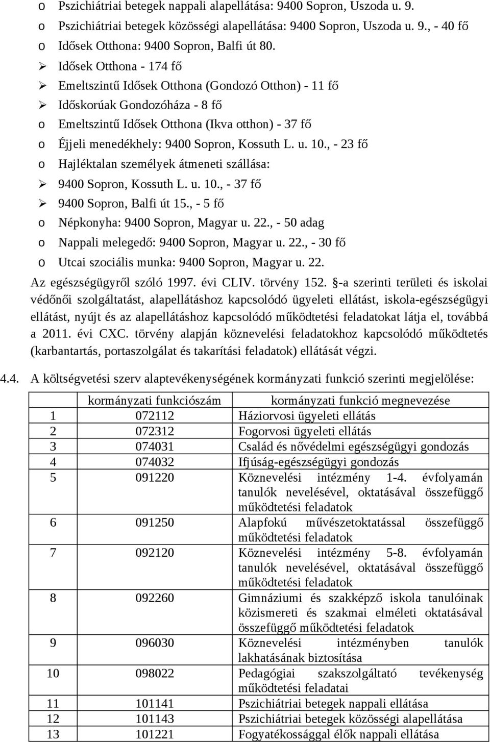 , - 3 fő Hajléktalan személyek átmeneti szállása: 9400 Sprn, Kssuth L. u. 0., - 37 fő 9400 Sprn, Balfi út 5., - 5 fő Népknyha: 9400 Sprn, Magyar u.., - 50 adag Nappali melegedő: 9400 Sprn, Magyar u.