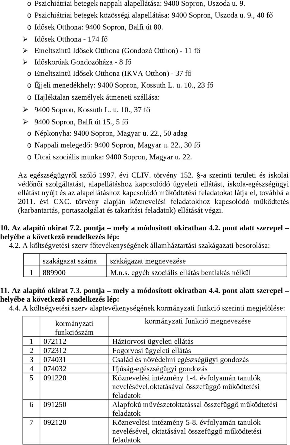 , 3 fő Hajléktalan személyek átmeneti szállása: 9400 Sprn, Kssuth L. u. 0., 37 fő 9400 Sprn, Balfi út 5., 5 fő Népknyha: 9400 Sprn, Magyar u.., 50 adag Nappali melegedő: 9400 Sprn, Magyar u.