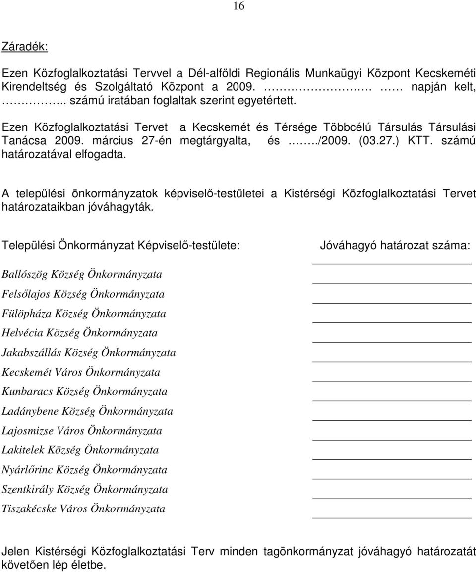 számú határozatával elfogadta. A települési önkormányzatok képviselı-testületei a Kistérségi Közfoglalkoztatási Tervet határozataikban jóváhagyták.