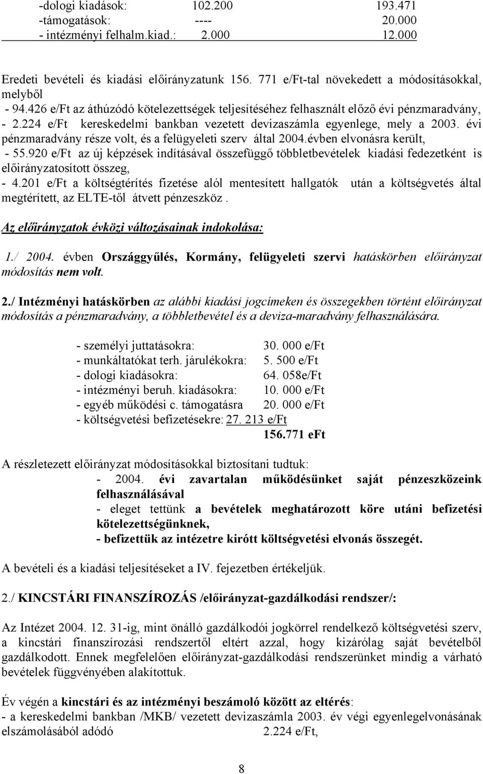 224 e/ft kereskedelmi bankban vezetett devizaszámla egyenlege, mely a 2003. évi pénzmaradvány része volt, és a felügyeleti szerv által 2004.évben elvonásra került, - 55.