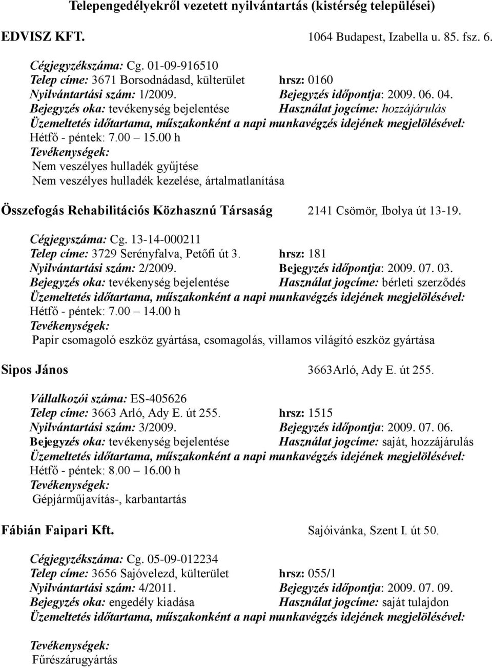 Bejegyzés oka: tevékenység bejelentése Használat jogcíme: hozzájárulás Hétfő - péntek: 7.00 15.