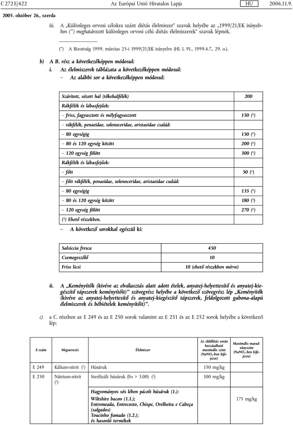 március 25-i 1999/21/EK irányelve (HL L 91., 1999.4.7., 29. o.). b) A B. rész a következőképpen módosul: i.