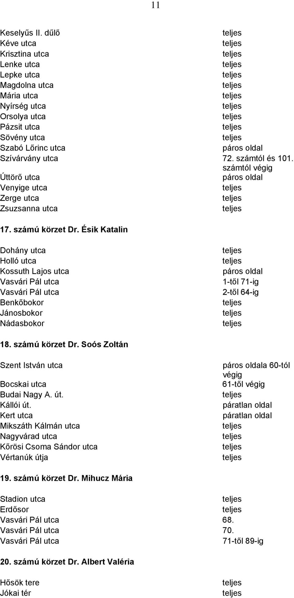 Ésik Katalin Dohány utca Holló utca Kossuth Lajos utca Vasvári Pál utca Vasvári Pál utca Benkőbokor Jánosbokor Nádasbokor páros oldal 1-től 71-ig 2-től 64-ig 18. számú körzet Dr.