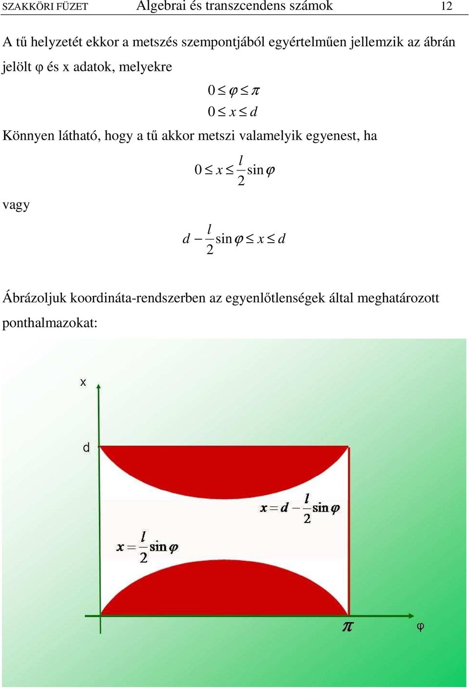 Könnyen látható hogy a tő akkor metszi valamelyik egyenest ha l 0 x sinϕ vagy l sinϕ