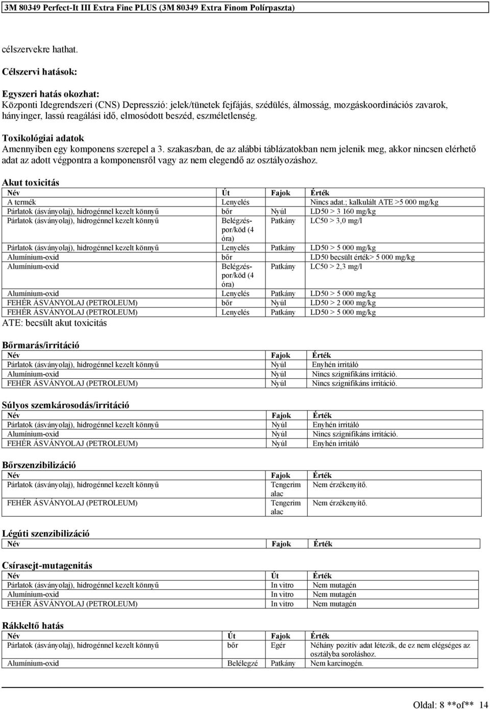 beszéd, eszméletlenség. Toxikológiai adatok Amennyiben egy komponens szerepel a 3.