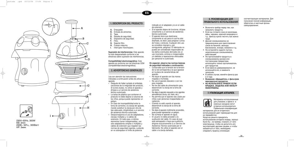 Compatibilidad electromagnética: Este aparato es conforme con las directivas CEM (compatibilidad electromagnética). 2.