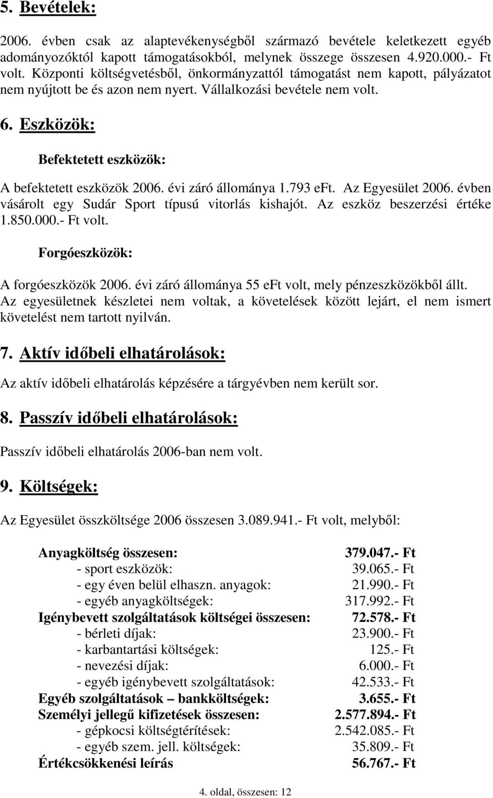 Eszközök: Befektetett eszközök: A befektetett eszközök 2006. évi záró állománya 1.793 eft. Az Egyesület 2006. évben vásárolt egy Sudár Sport típusú vitorlás kishajót. Az eszköz beszerzési értéke 1.