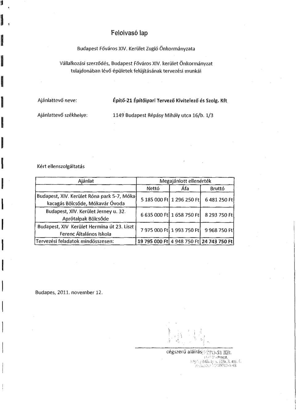 Kft Ajánlattevő székhelye: 1149 Budapest Répásy Mihály utca 16/b. 1/3 Kért ellenszolgáltatás Ajánlat Budapest XIV. Kerület Róna park 5-7, Móka kacagás Bölcsőde, Mókavár Óvoda Budapest, XIV.